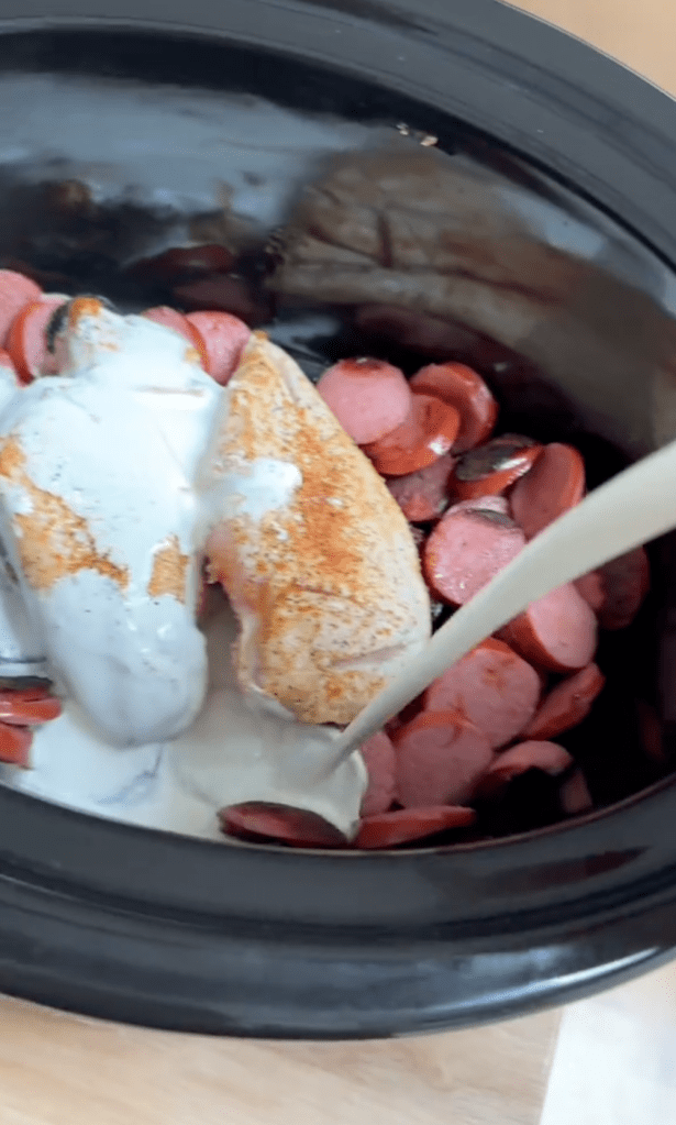 The cream is poured into a pot